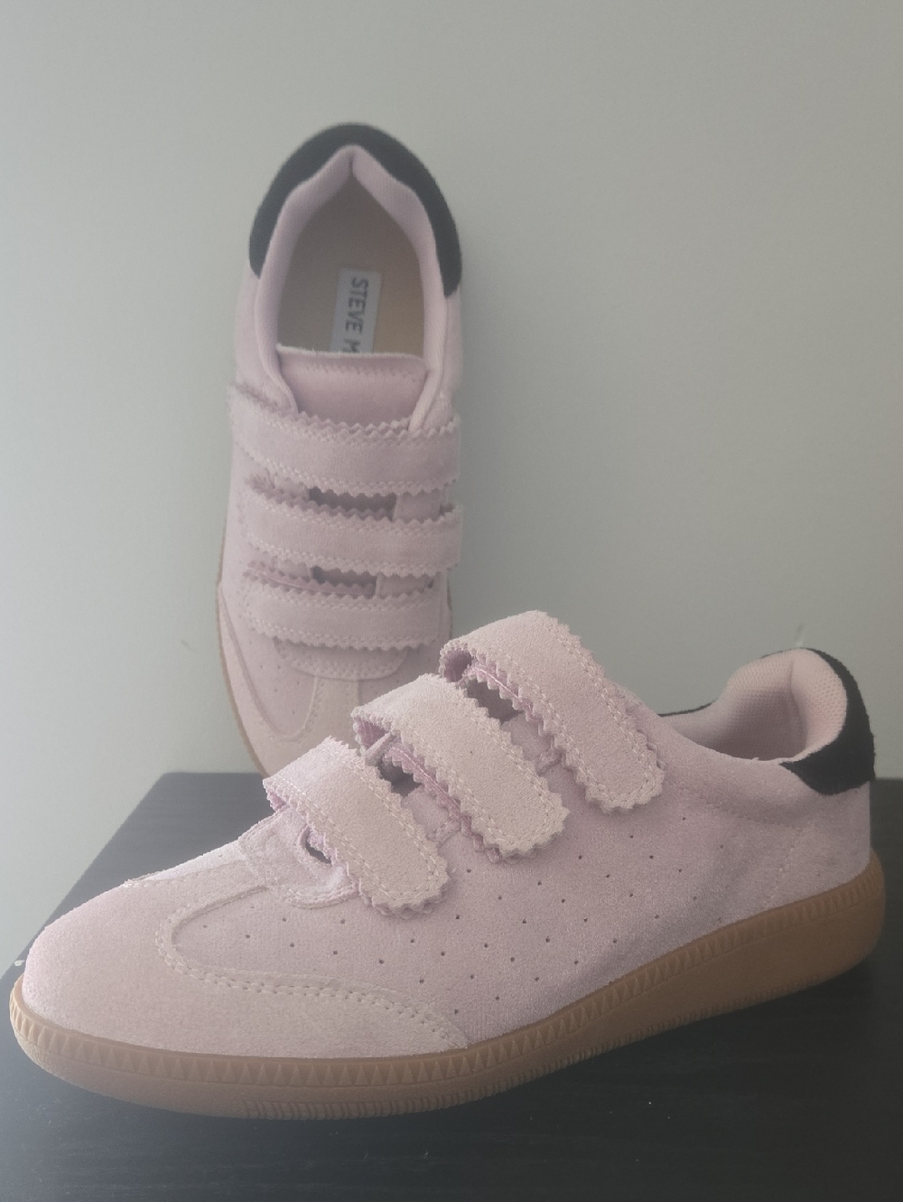 Steve Madden Pink Suede Triple-Strap Sneakers with Black Heel Accent
